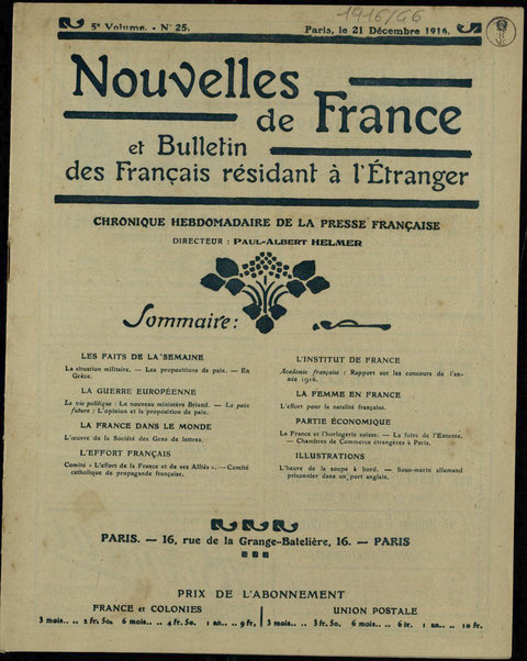 Nouvelles de France et Bulletin des Français résidant à l'étranger : chronique hebdomadaire de la presse française